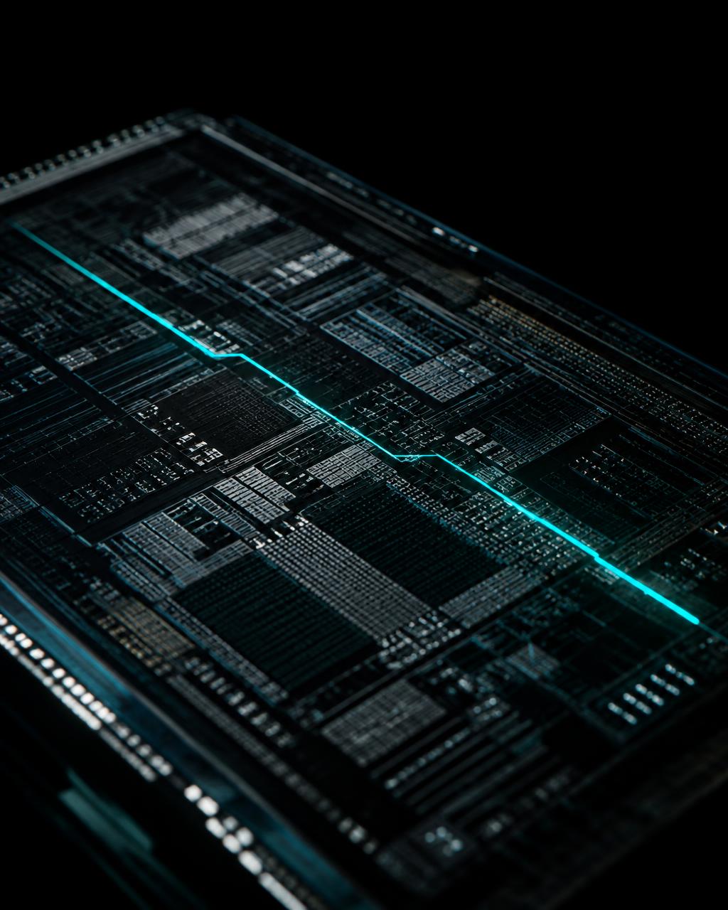 Vishwakarma processor die with a teal light tracing its circuitry